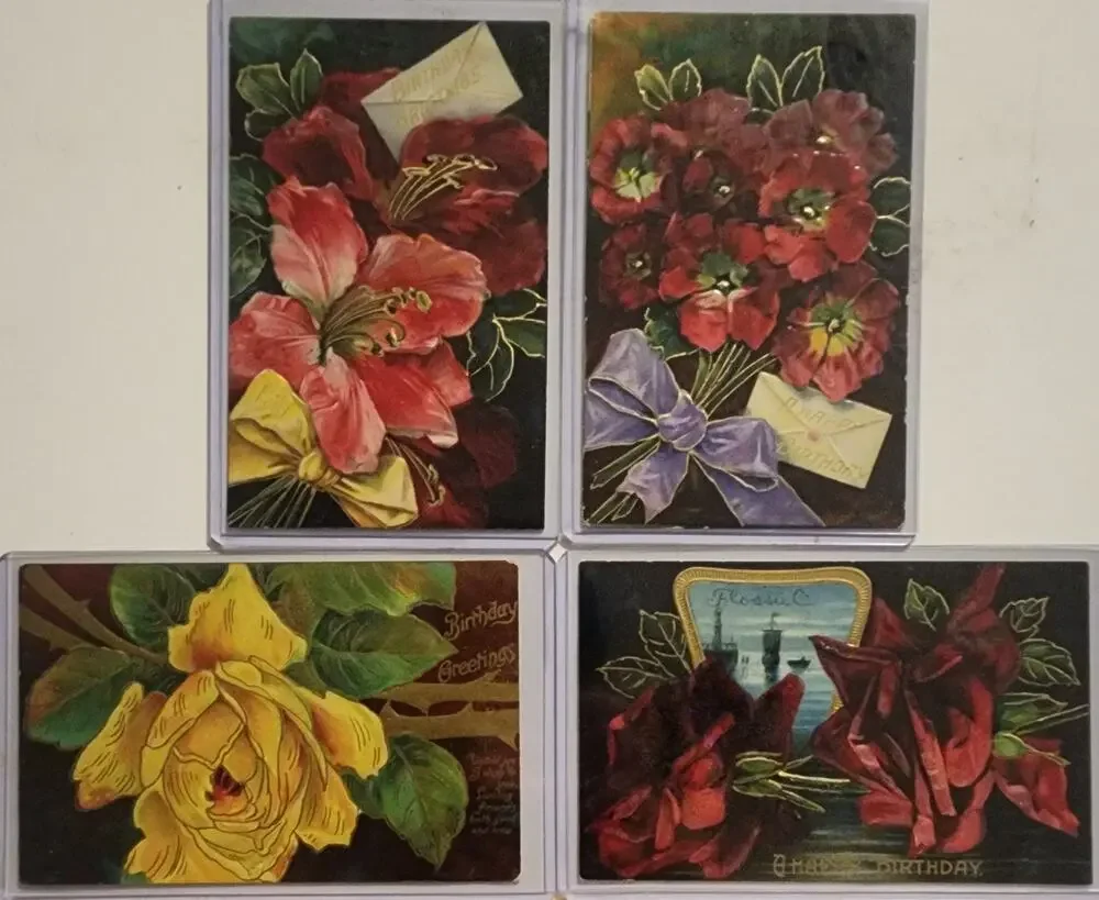 Lot Of Four Vintage Antique Embossed Postcards Flowers Birthday